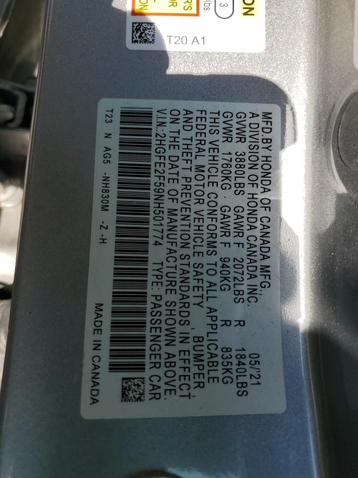 2022 HONDA CIVIC SPORT VIN:2HGFE2F59NH501774