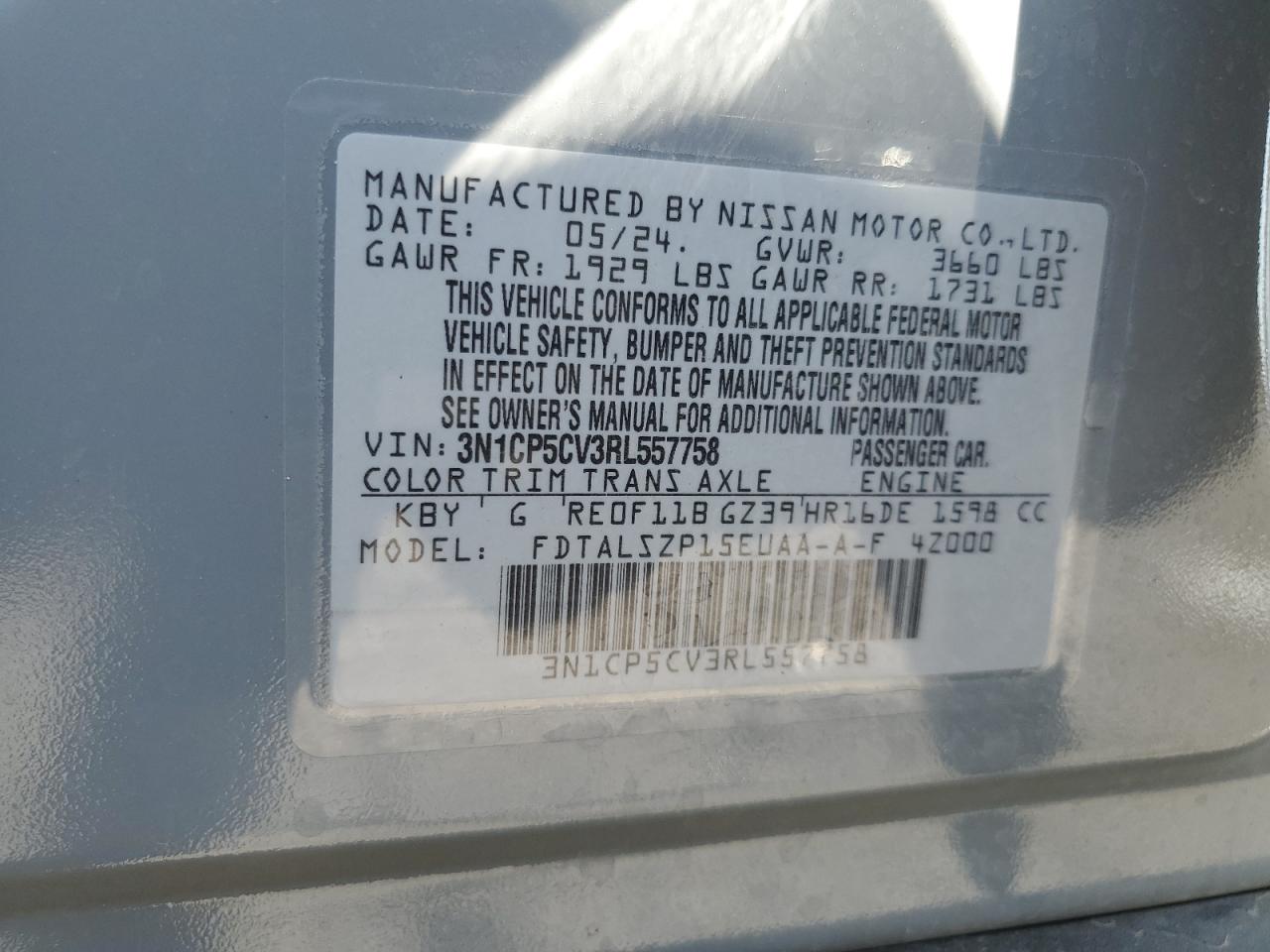 2024 NISSAN KICKS SV VIN:3N1CP5CV3RL557758