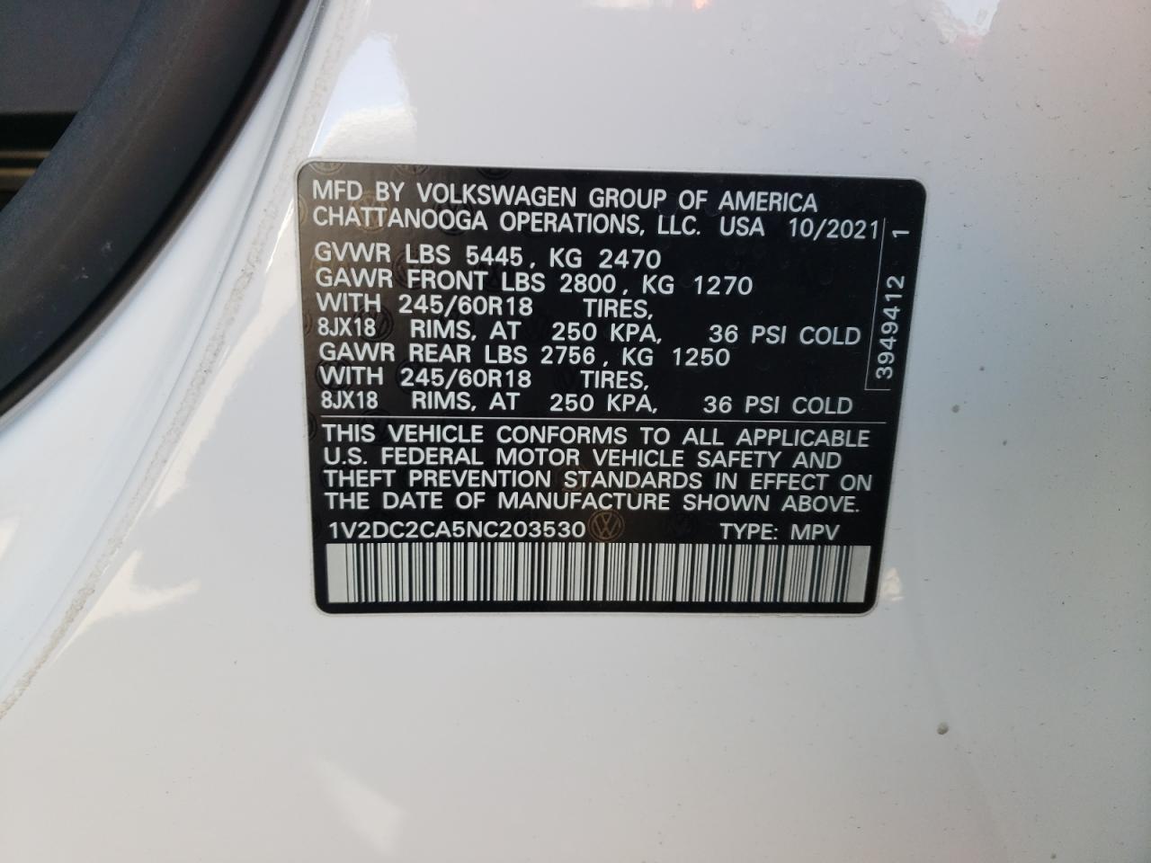 2022 VOLKSWAGEN ATLAS CROSS SPORT SE VIN:1V2DC2CA5NC203530
