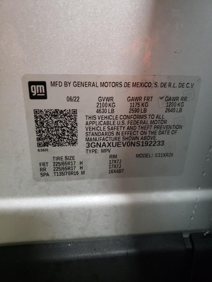 2022 CHEVROLET EQUINOX LT VIN:3GNAXUEV0NS192233