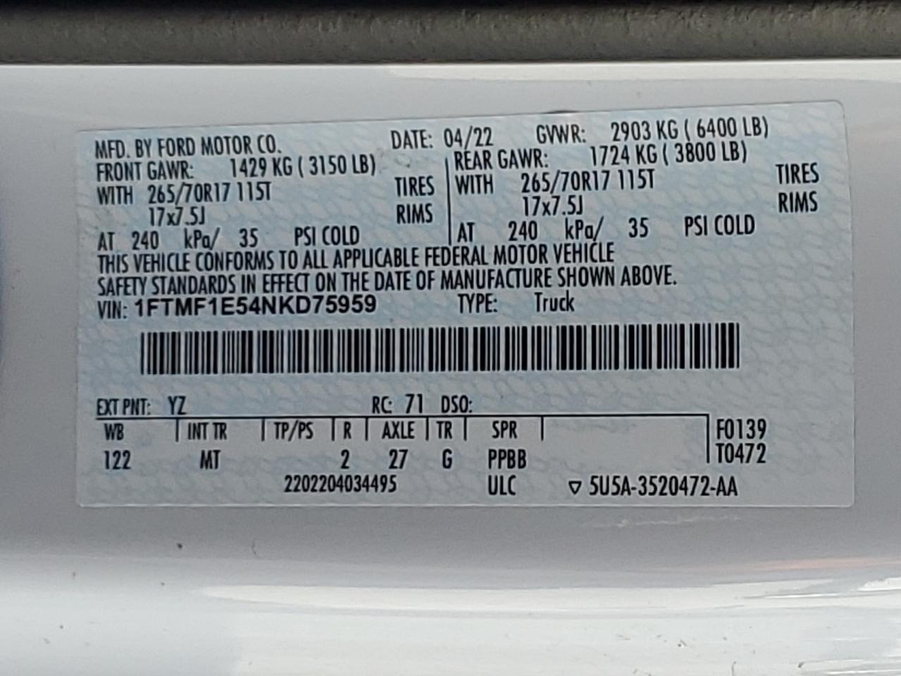 2022 FORD F150  VIN:2C3CDZFJ4MH590196