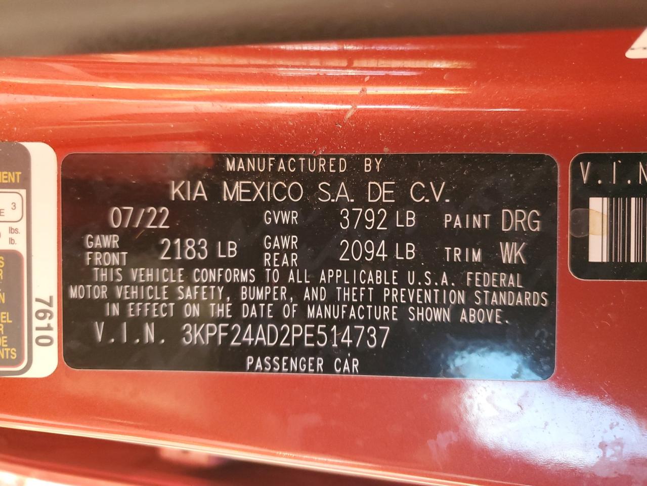 2023 KIA FORTE LX VIN:3KPF24AD2PE514737