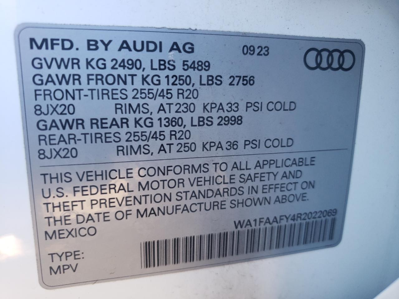 2024 AUDI Q5 PRESTIGE 45 VIN:WA1FAAFY4R2022069