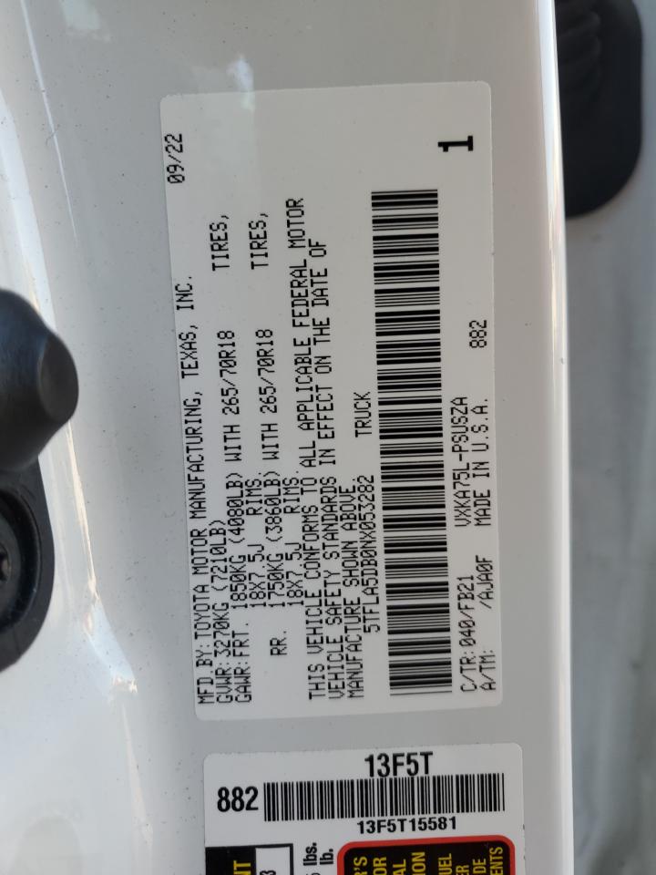 2022 TOYOTA TUNDRA CREWMAX SR VIN:5TFLA5DB0NX053282