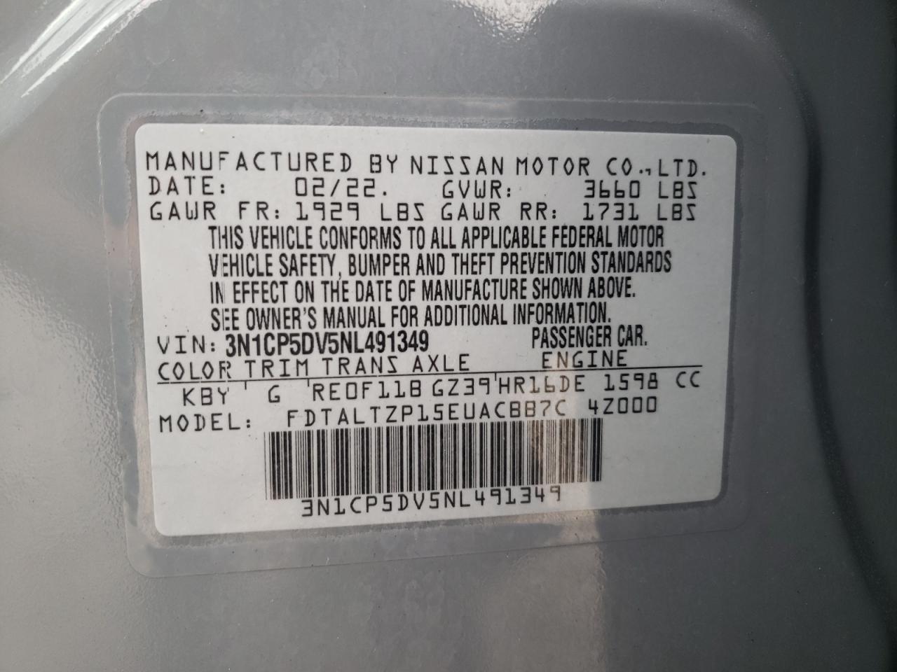 2022 NISSAN KICKS SR VIN:3N1CP5DV5NL491349