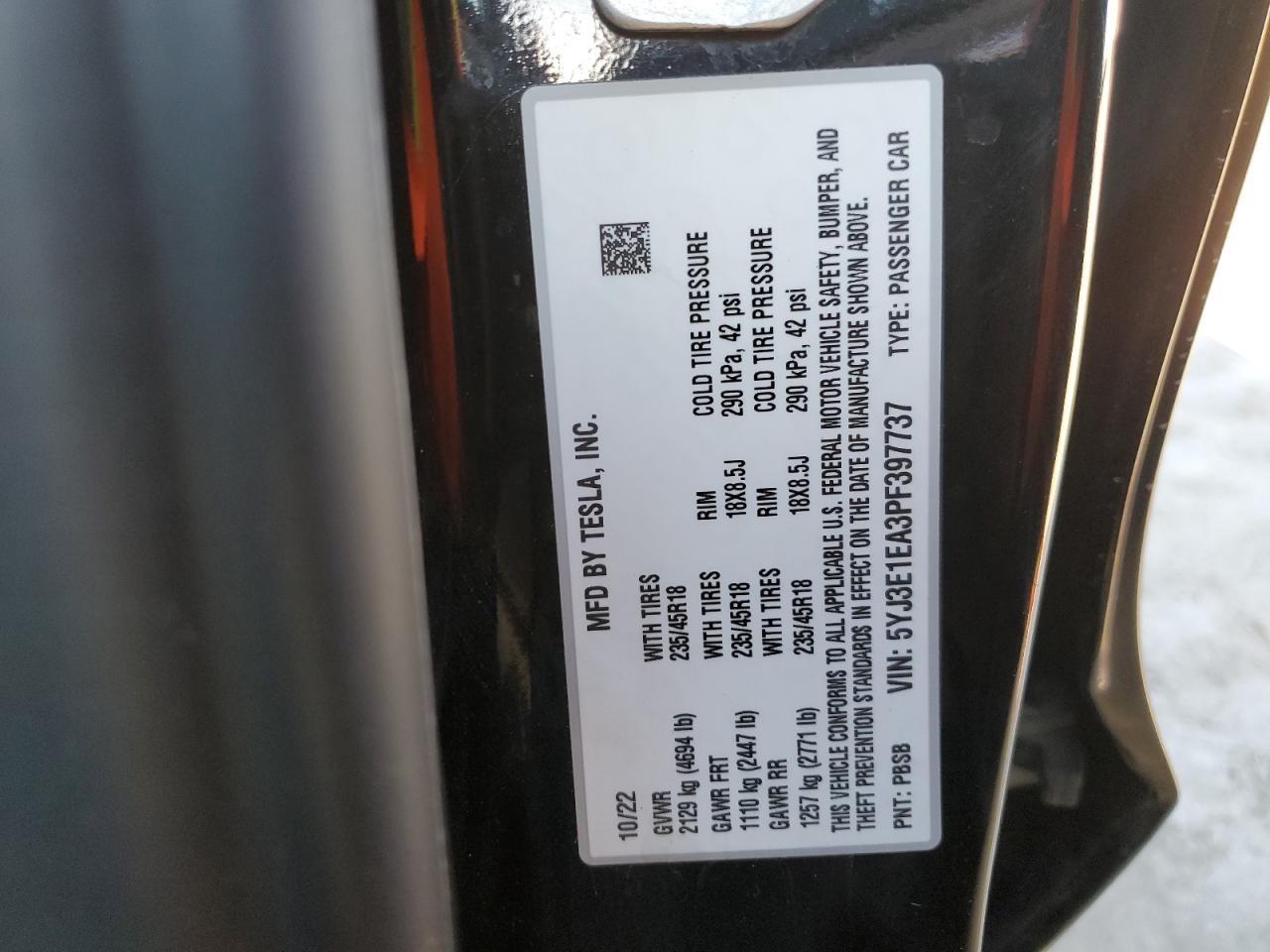 2023 TESLA MODEL 3  VIN:5YJ3E1EA3PF397737