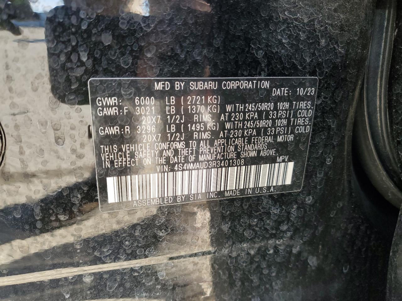 2024 SUBARU ASCENT LIMITED VIN:4S4WMAUD3R3401308