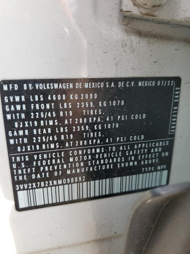 2022 VOLKSWAGEN TAOS SEL VIN:3VV2X7B2XNM098892