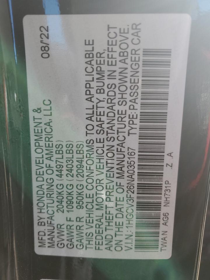 2022 HONDA ACCORD HYBRID SPORT VIN:1HGCV3F26NA035167