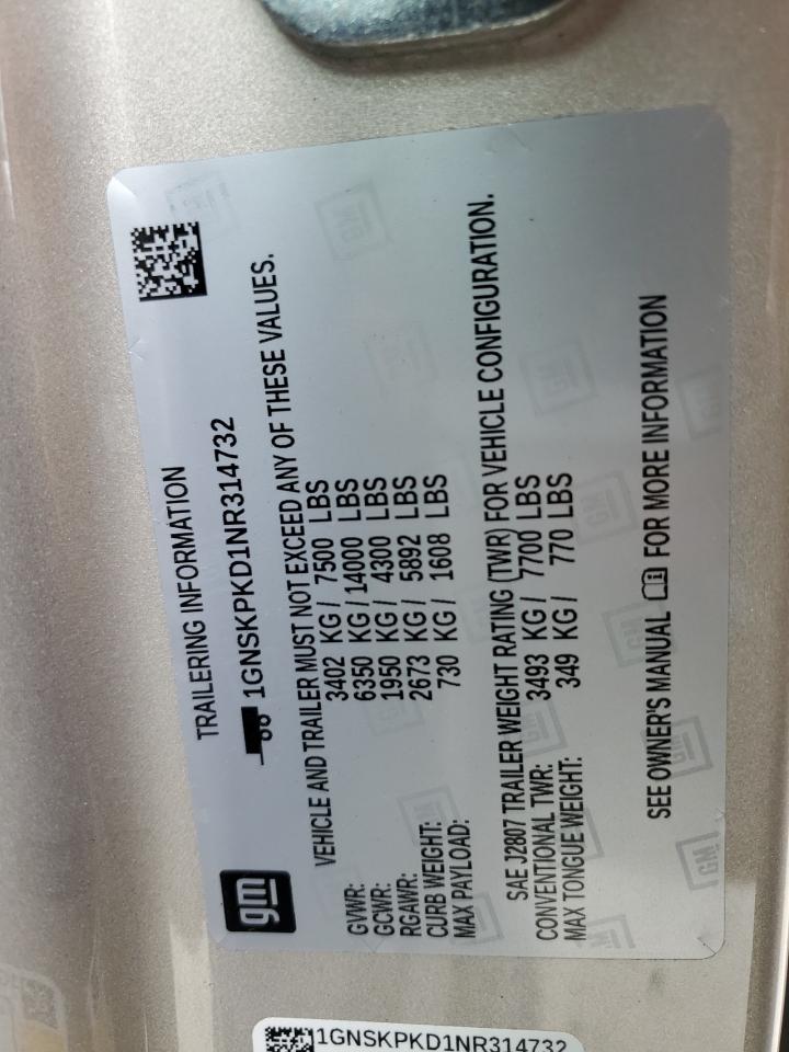 2022 CHEVROLET TAHOE K1500 Z71 VIN:1GNSKPKD1NR314732