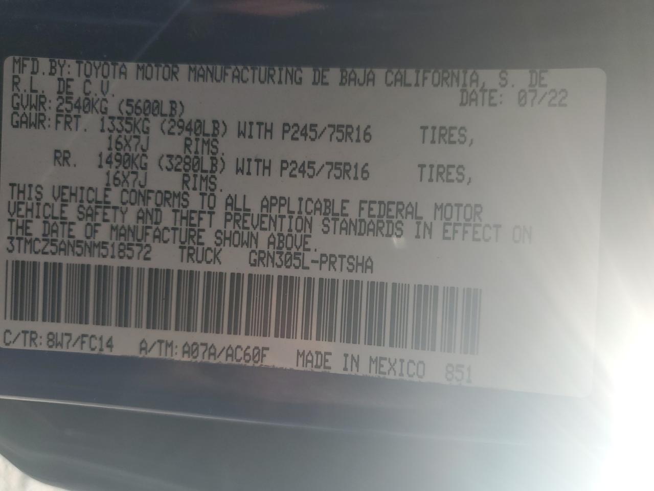 2022 TOYOTA TACOMA DOUBLE CAB VIN:3TMCZ5AN5NM518572