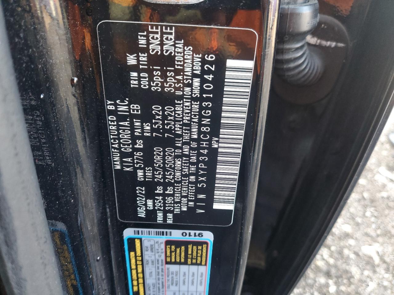 2022 KIA TELLURIDE EX VIN:5XYP34HC8NG310426
