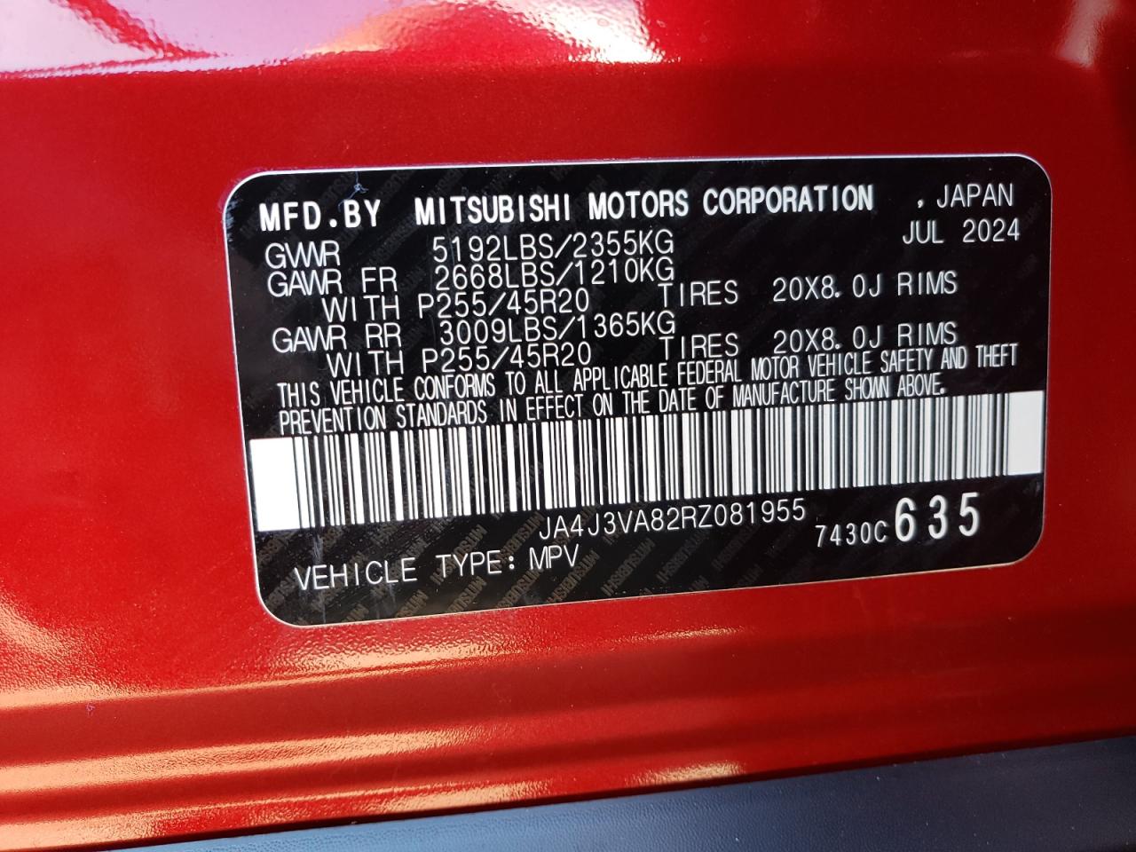 2024 MITSUBISHI OUTLANDER SE VIN:JA4J3VA82RZ081955