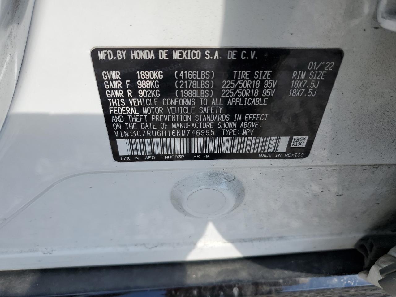 2022 HONDA HR-V SPORT VIN:3CZRU6H16NM746995