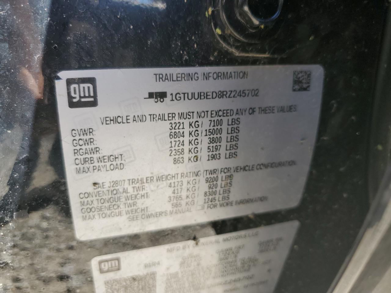 2024 GMC SIERRA K1500 SLE VIN:1GTUUBED8RZ245702