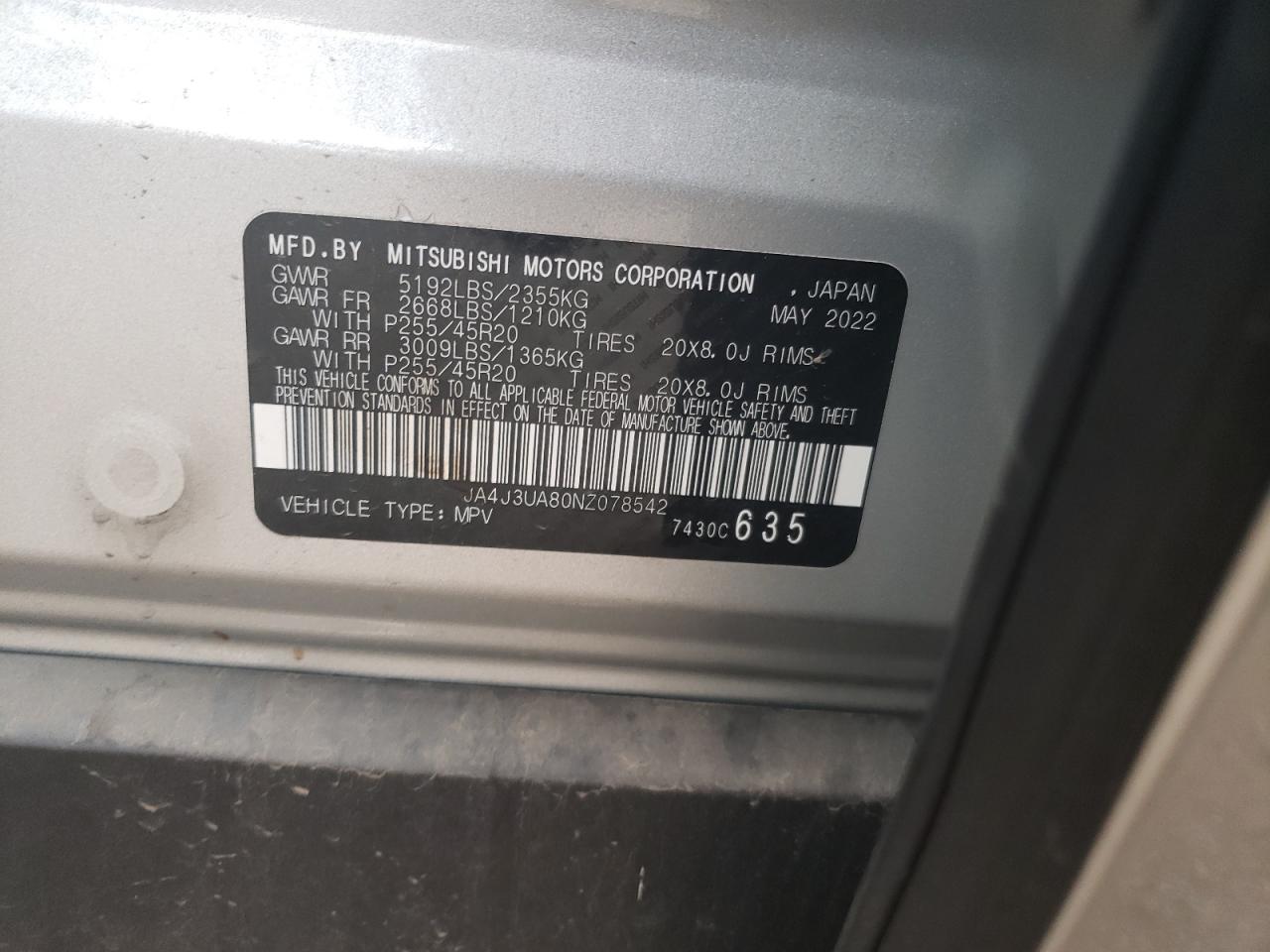 2022 MITSUBISHI OUTLANDER SE VIN:JA4J3UA80NZ078542