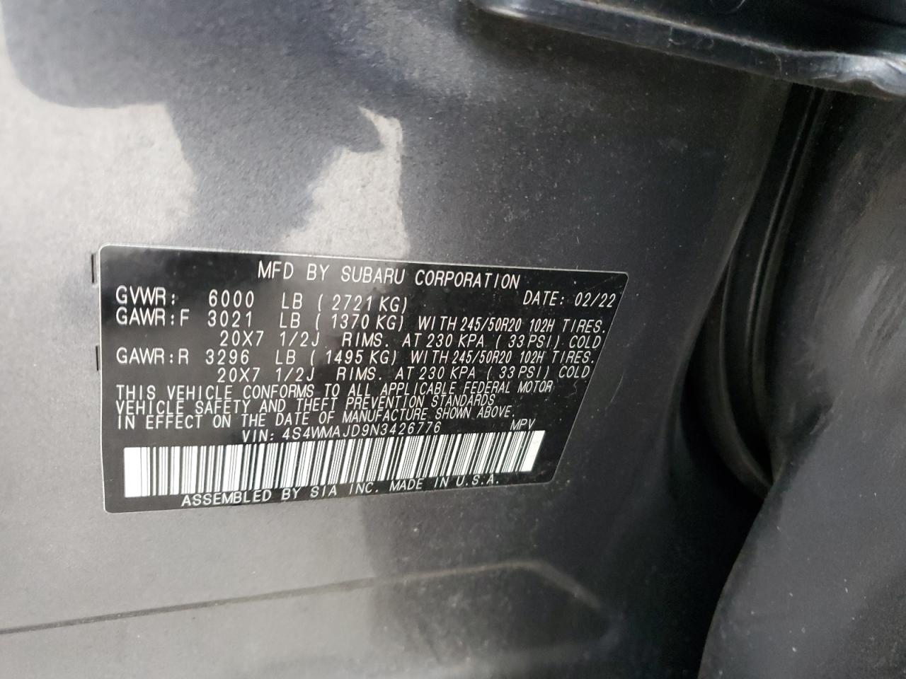 2022 SUBARU ASCENT ONYX EDITION VIN:4S4WMAJD9N3426776