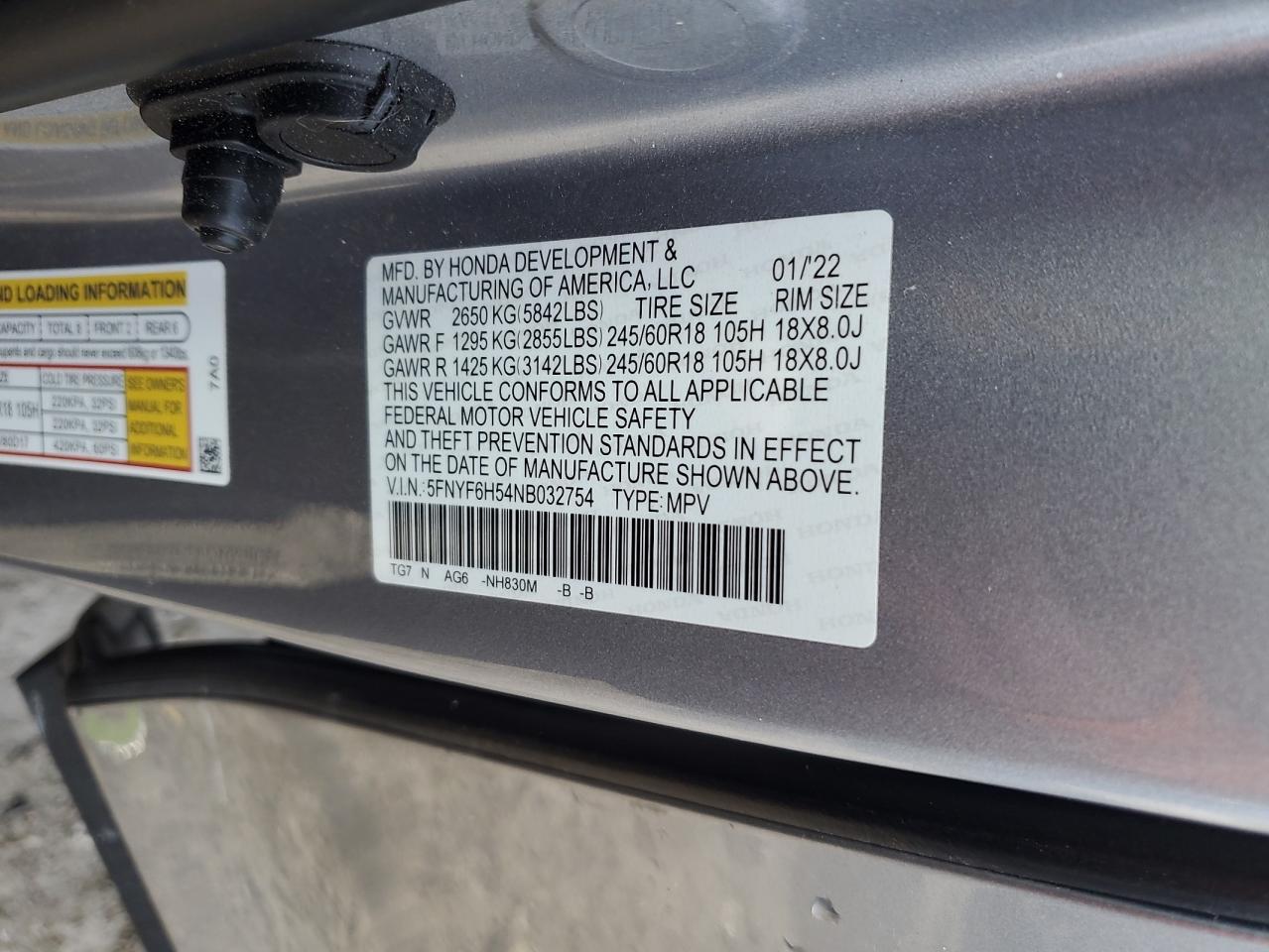 2022 HONDA PILOT EXL VIN:5FNYF6H54NB032754