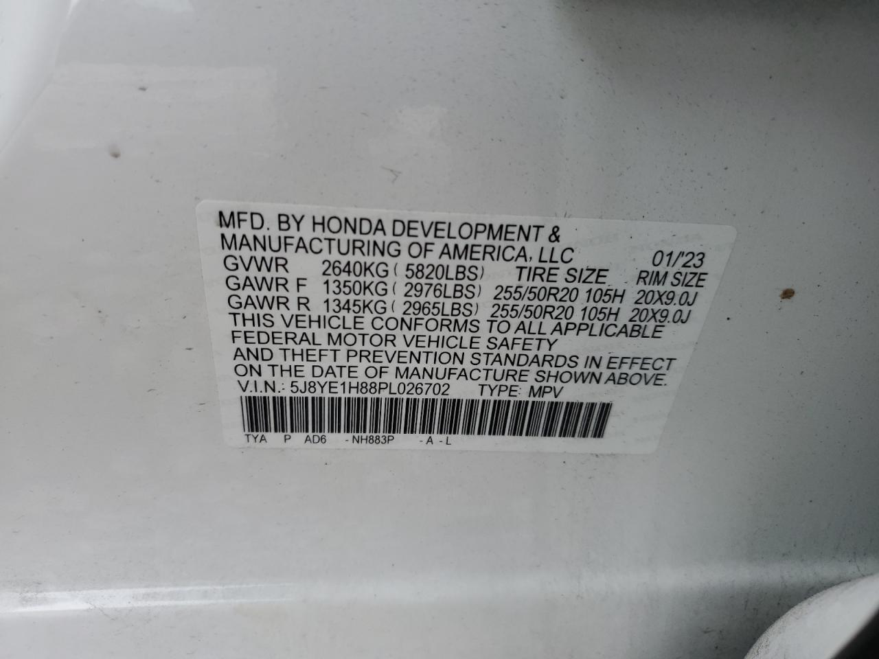 2023 ACURA MDX ADVANCE VIN:5J8YE1H88PL026702