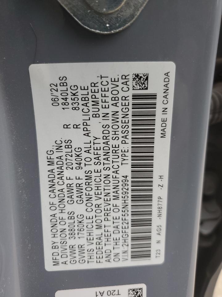 2022 HONDA CIVIC SPORT VIN:2HGFE2F55NH592994