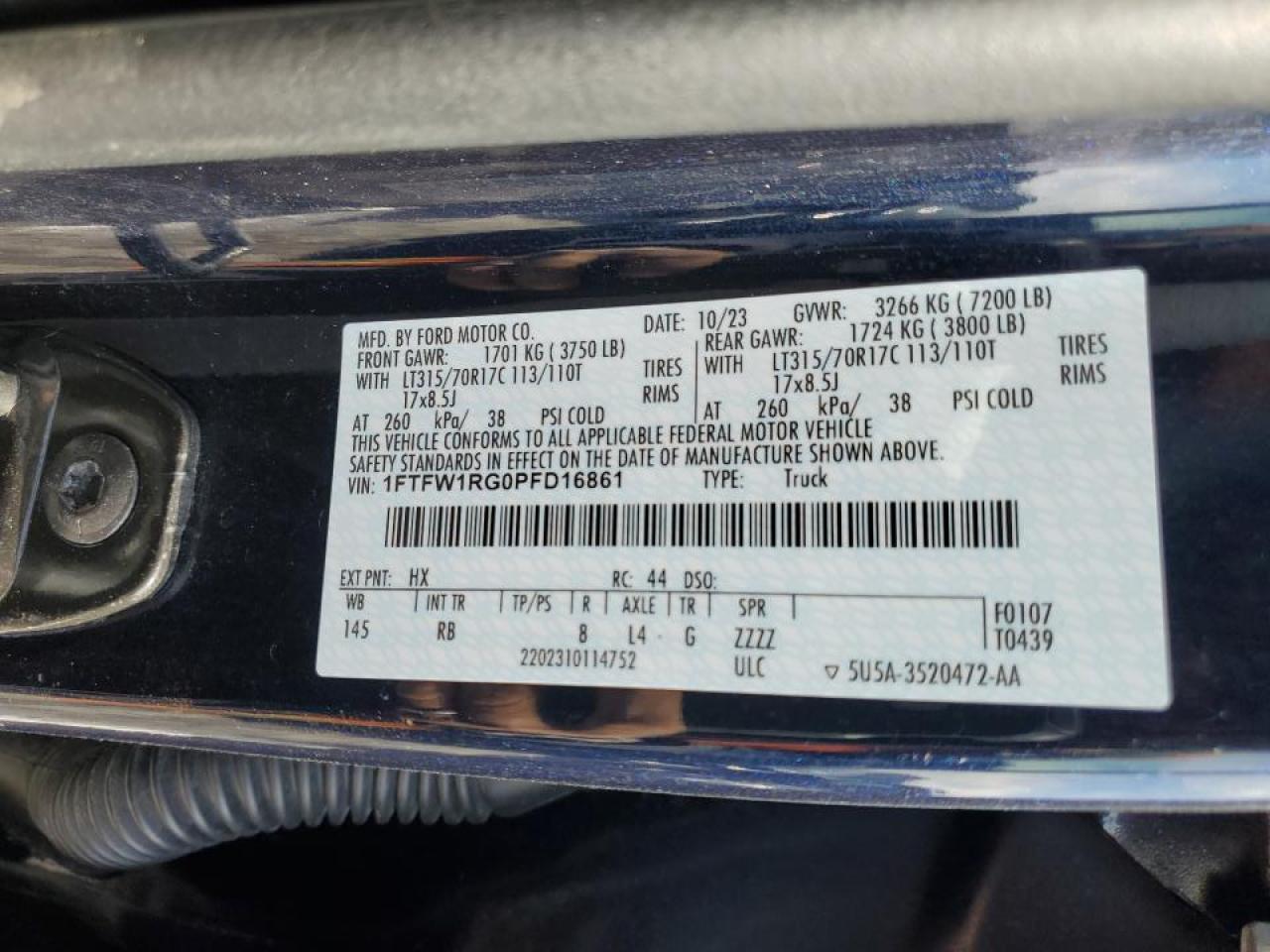 2023 FORD F150 RAPTOR VIN:1FTFW1RG0PFD16861