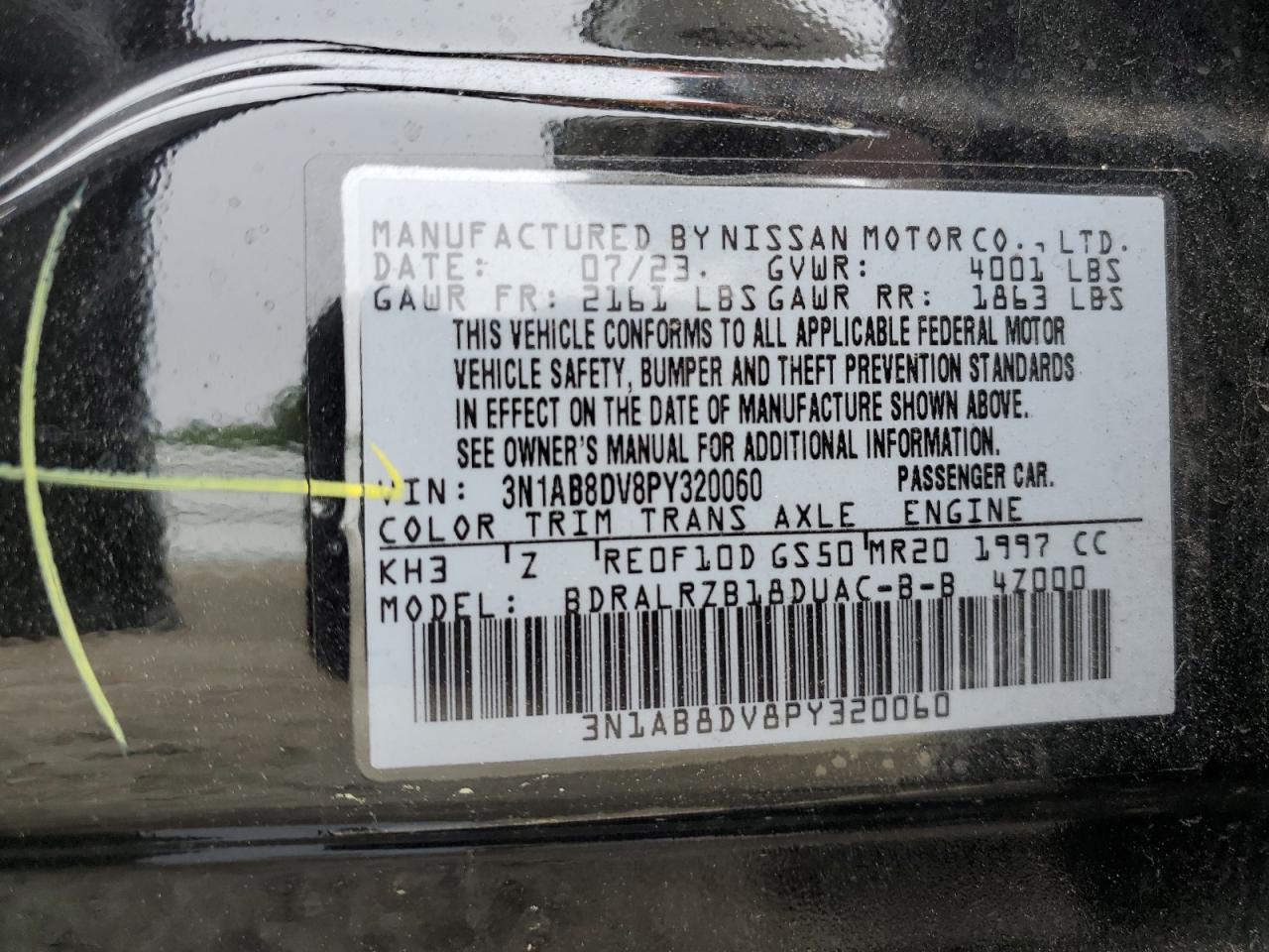 2023 NISSAN SENTRA SR VIN:3N1AB8DV8PY320060