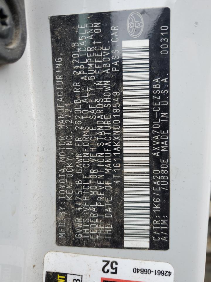 2022 TOYOTA CAMRY SE VIN:4T1G11AKXNU018549