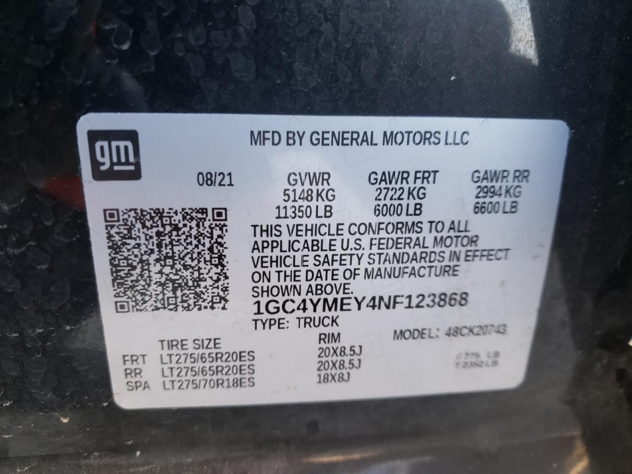 2022 CHEVROLET SILVERADO K2500 CUSTOM VIN:1GC4YMEY4NF123868