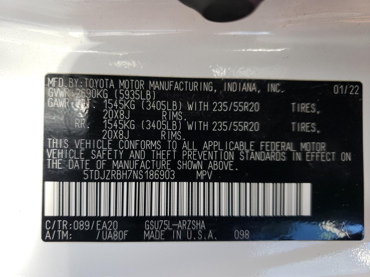 2022 TOYOTA HIGHLANDER XSE VIN:5TDJZRBH7NS186903