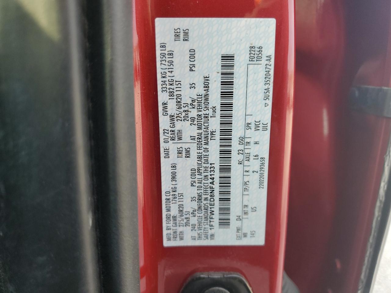 2022 FORD F150 SUPERCREW VIN:1FTFW1ED8NFA41331