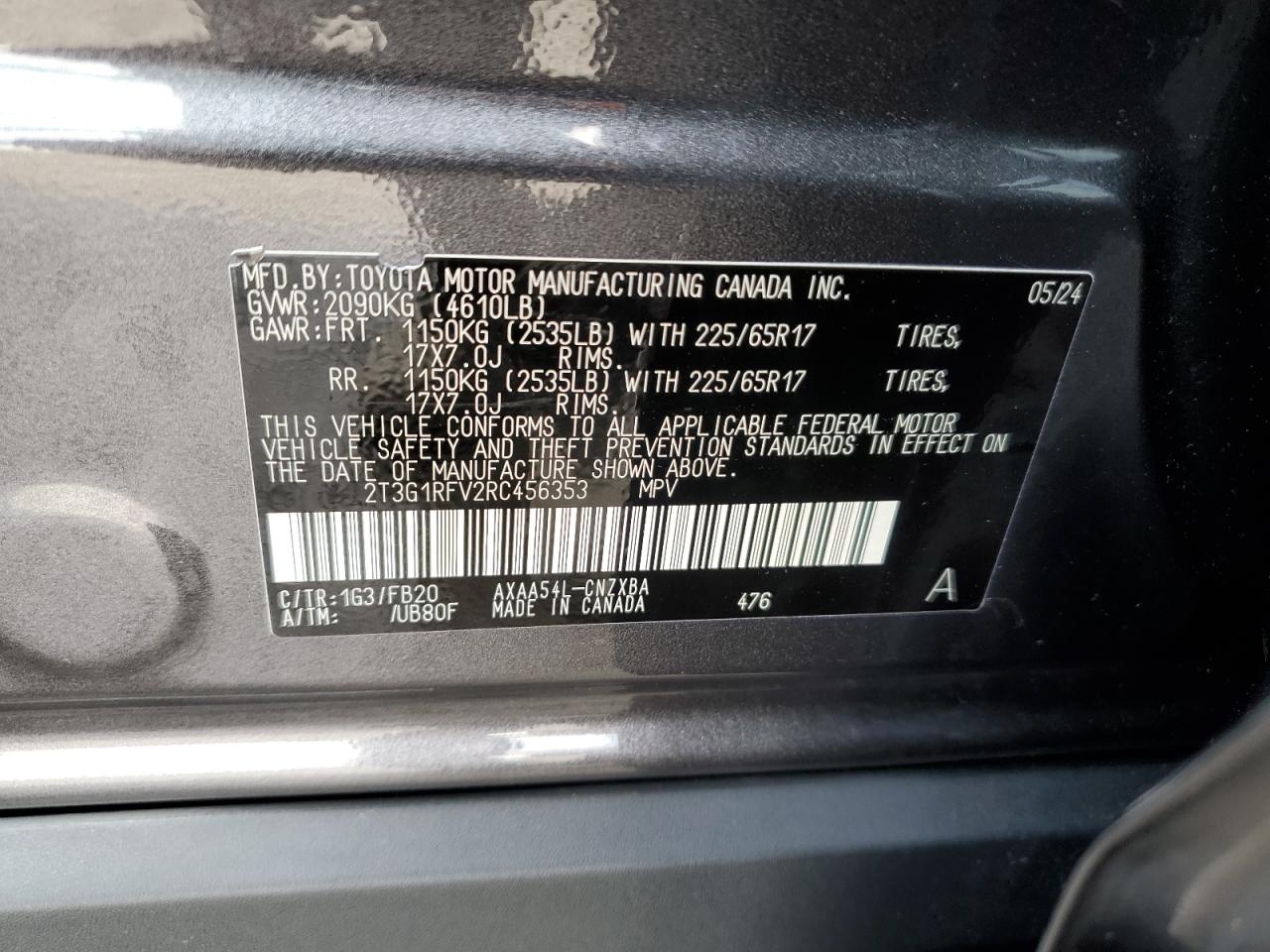 2024 TOYOTA RAV4 LE VIN:2T3G1RFV2RC456353