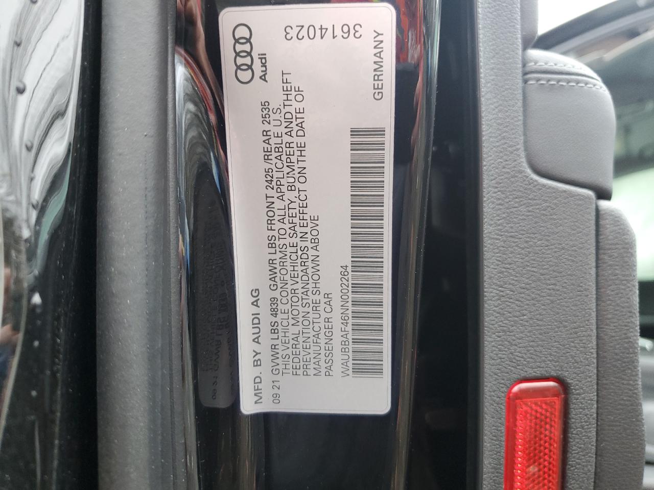 2022 AUDI A4 PREMIUM PLUS 40 VIN:WAUBBAF46NN002264