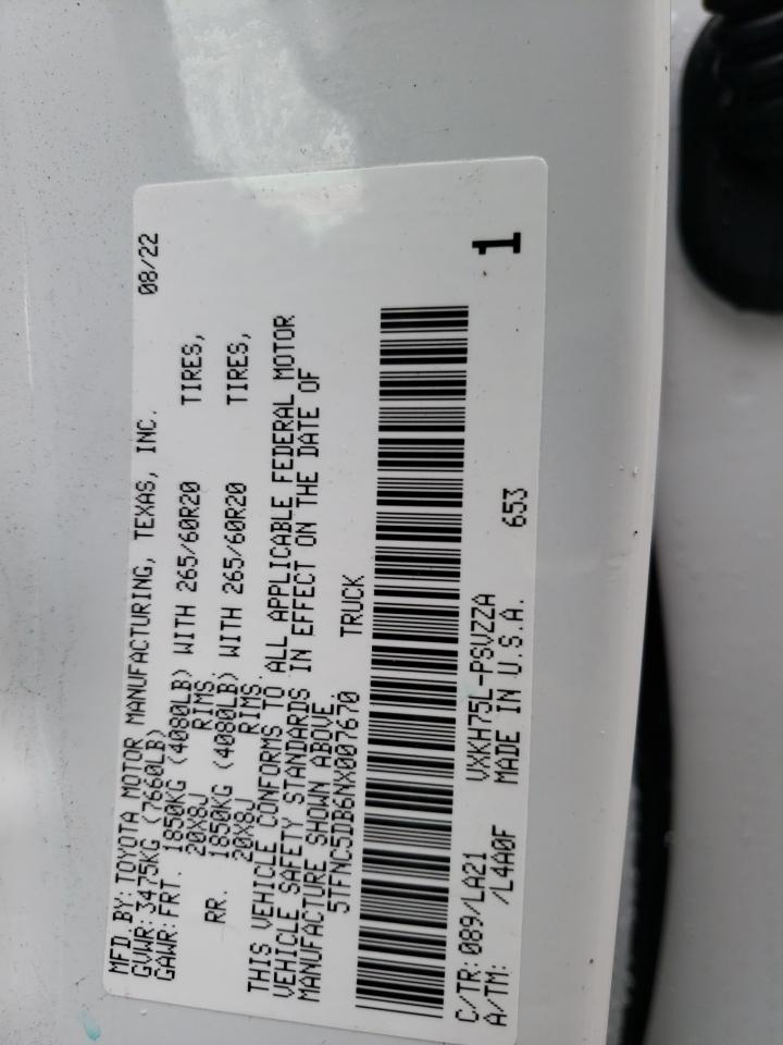 2022 TOYOTA TUNDRA CREWMAX PLATINUM VIN:5TFNC5DB6NX007670