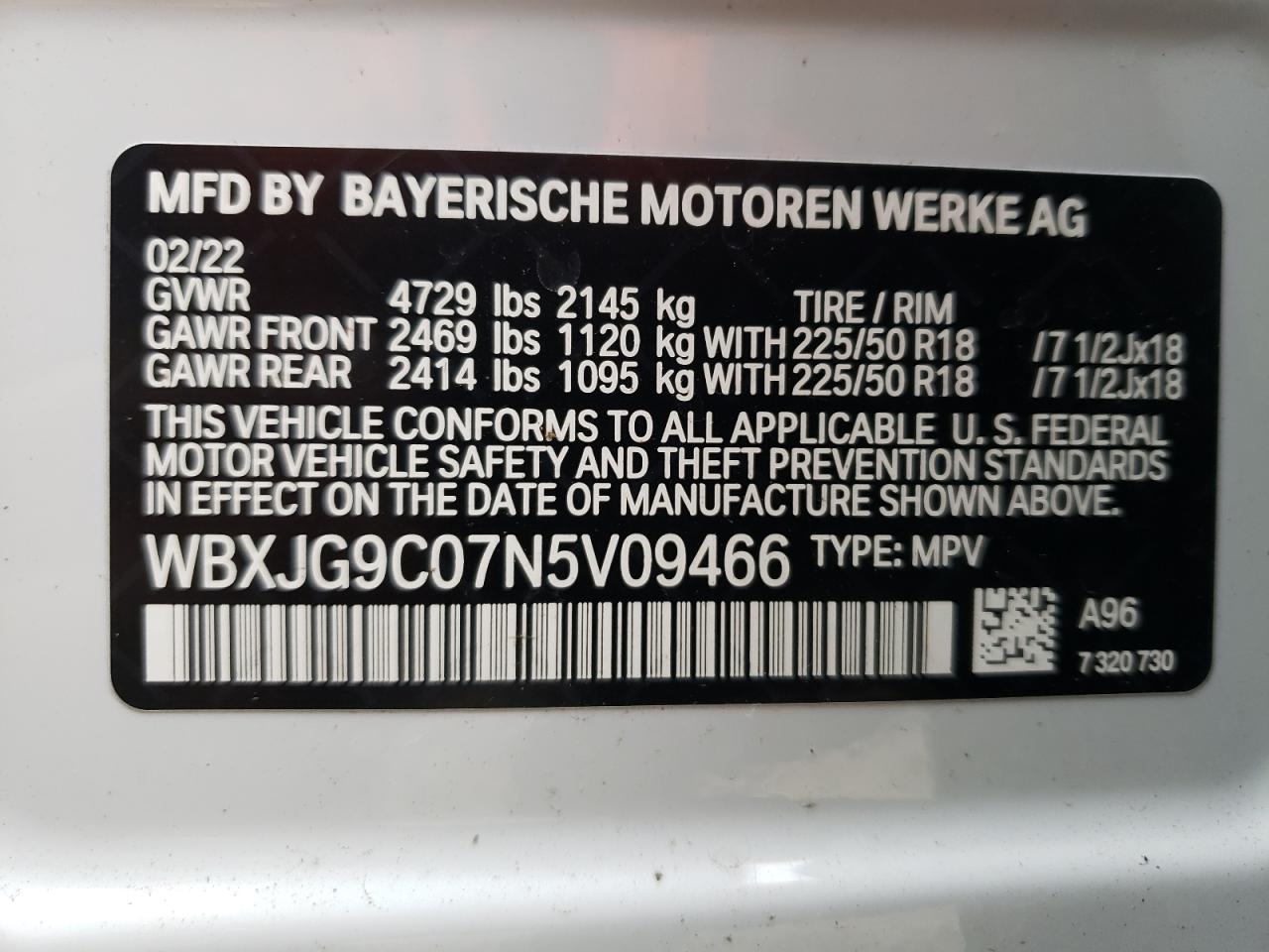 2022 BMW X1 XDRIVE28I VIN:WBXJG9C07N5V09466