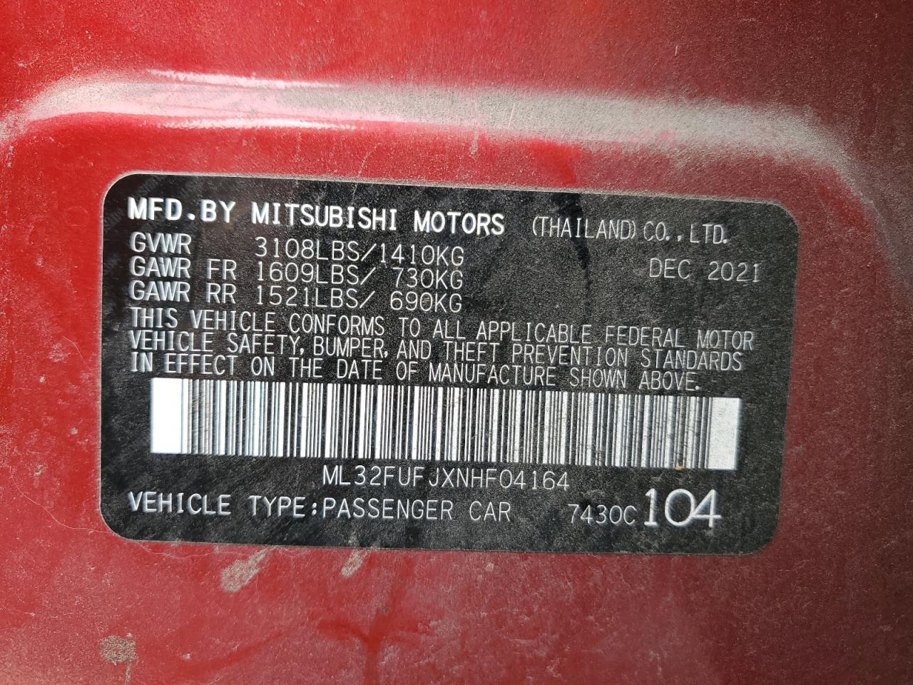 2022 MITSUBISHI MIRAGE G4 ES VIN:ML32FUFJXNHF04164