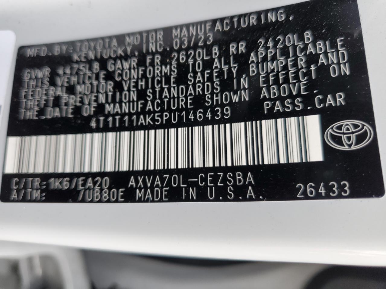 2023 TOYOTA CAMRY SE NIGHT SHADE VIN:4T1T11AK5PU146439