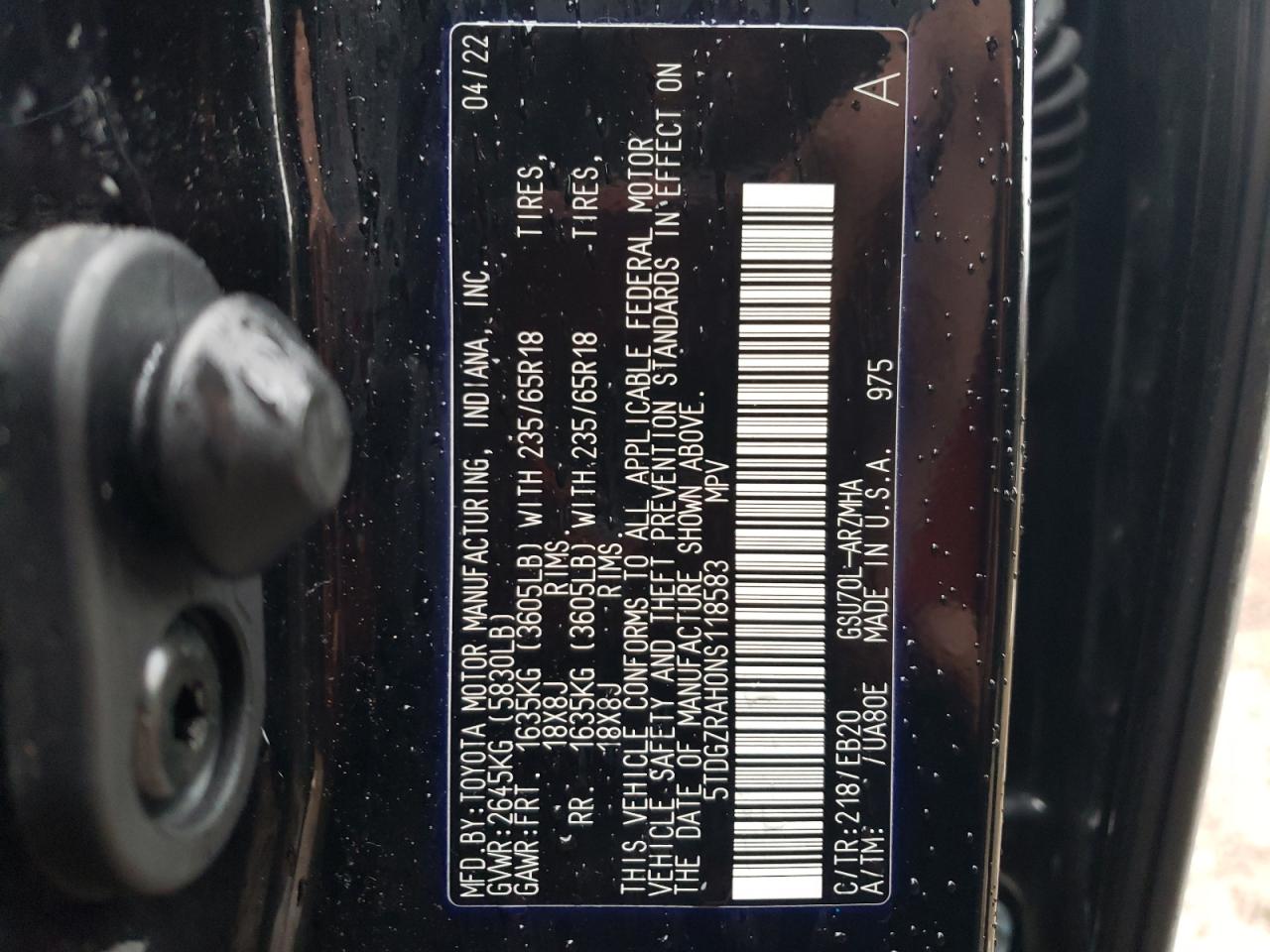 2022 TOYOTA HIGHLANDER XLE VIN:5TDGZRAH0NS118583