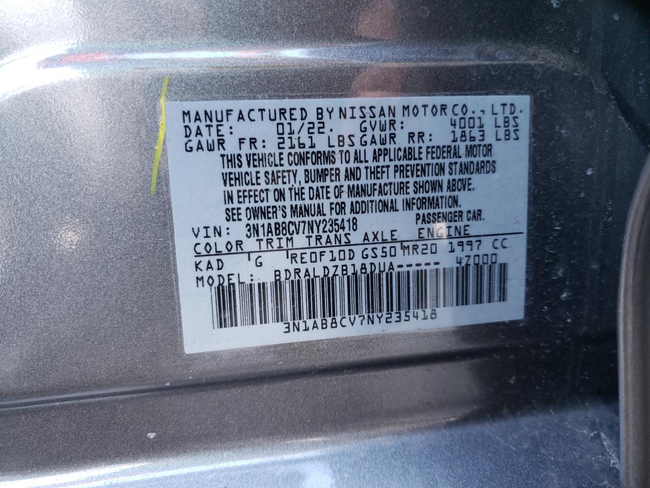 2022 NISSAN SENTRA SV VIN:3N1AB8CV7NY235418