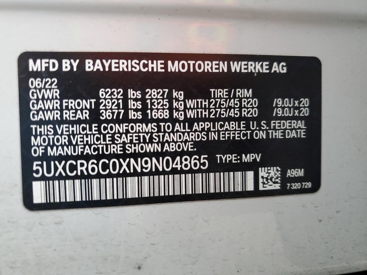 2022 BMW X5 XDRIVE40I VIN:5UXCR6C0XN9N04865