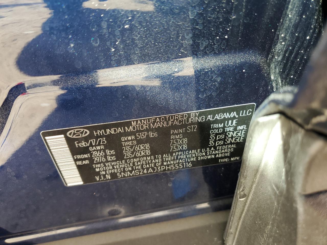 2023 HYUNDAI SANTA FE SEL VIN:5NMS24AJ3PH555116