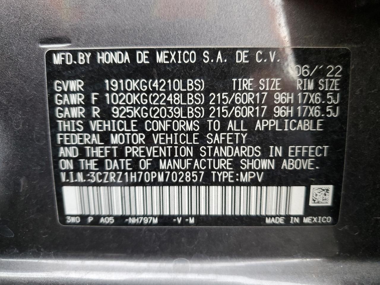 2023 HONDA HR-V EXL VIN:3CZRZ1H70PM702857