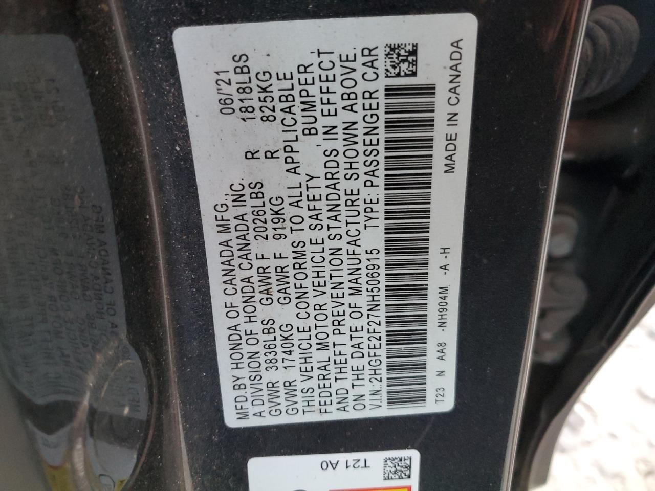 2022 HONDA CIVIC LX VIN:2HGFE2F27NH506915