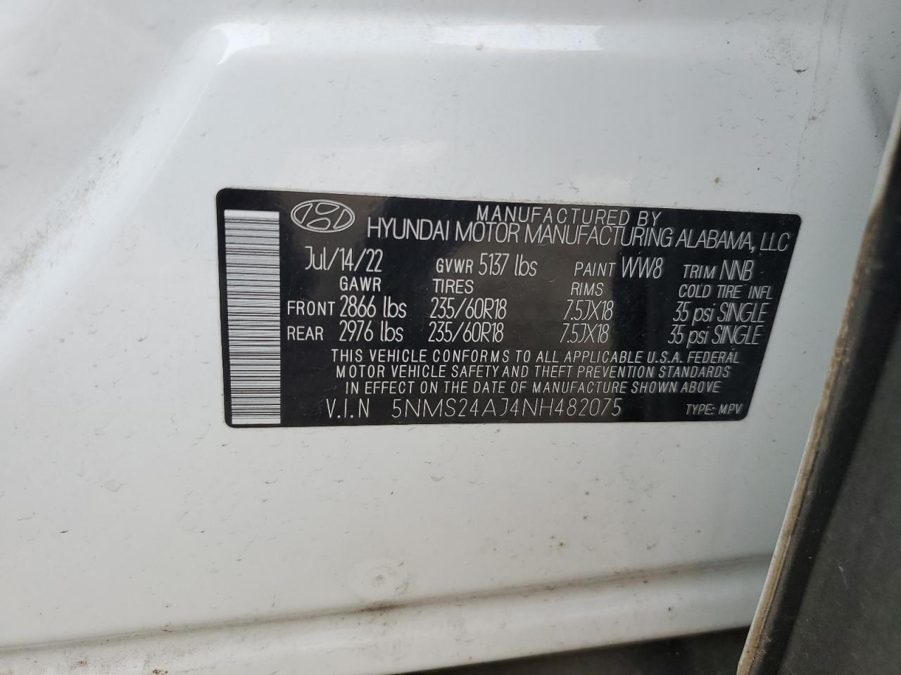 2022 HYUNDAI SANTA FE SEL VIN:5NMS24AJ4NH482075