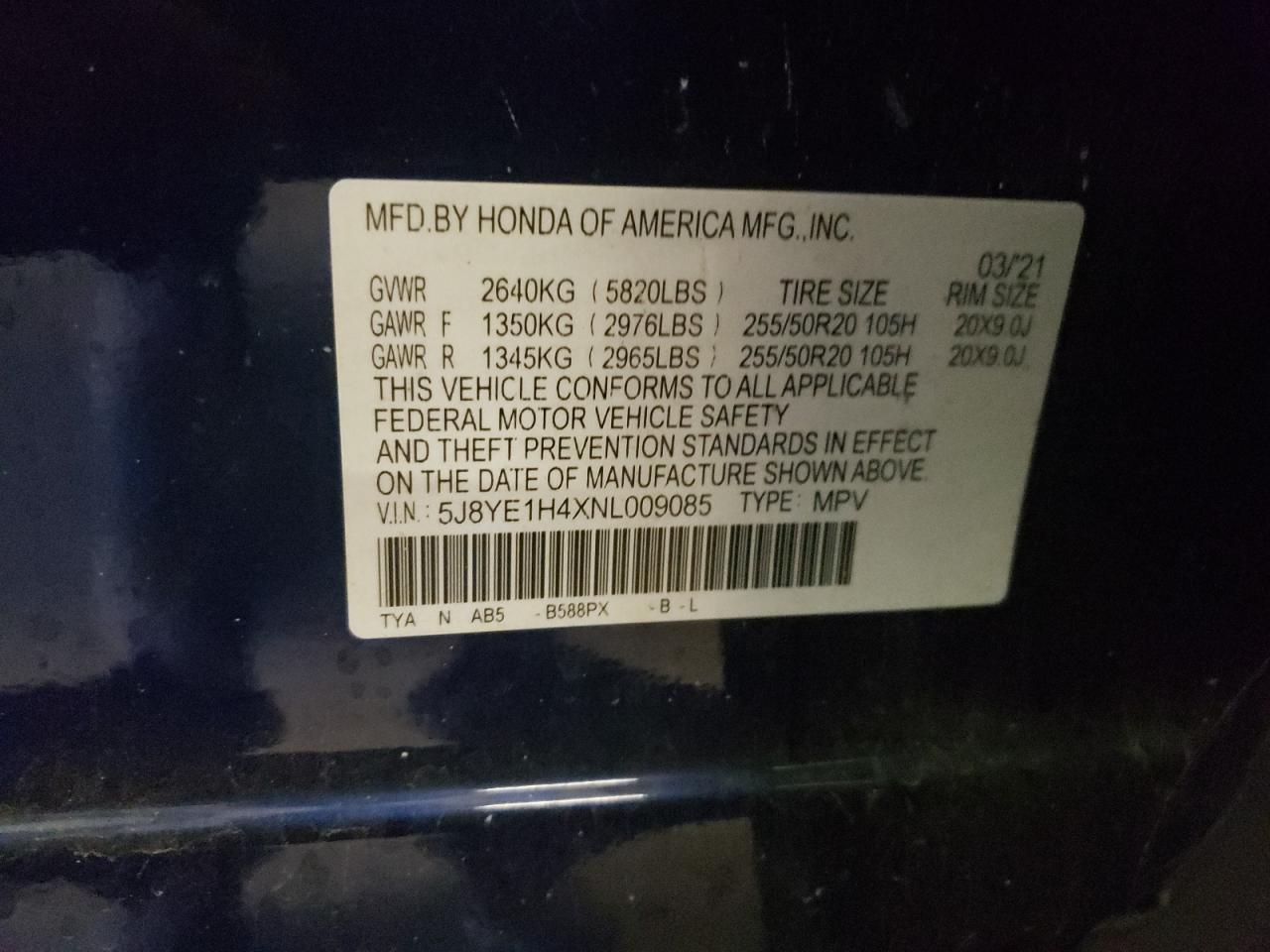 2022 ACURA MDX TECHNOLOGY VIN:5J8YE1H4XNL009085