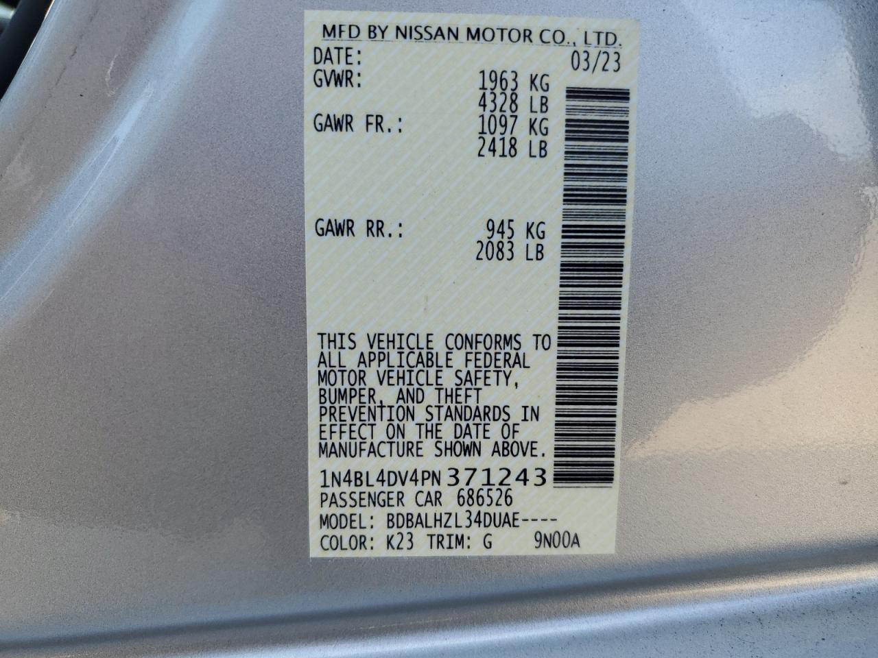 2023 NISSAN ALTIMA SV VIN:1N4BL4DV4PN371243