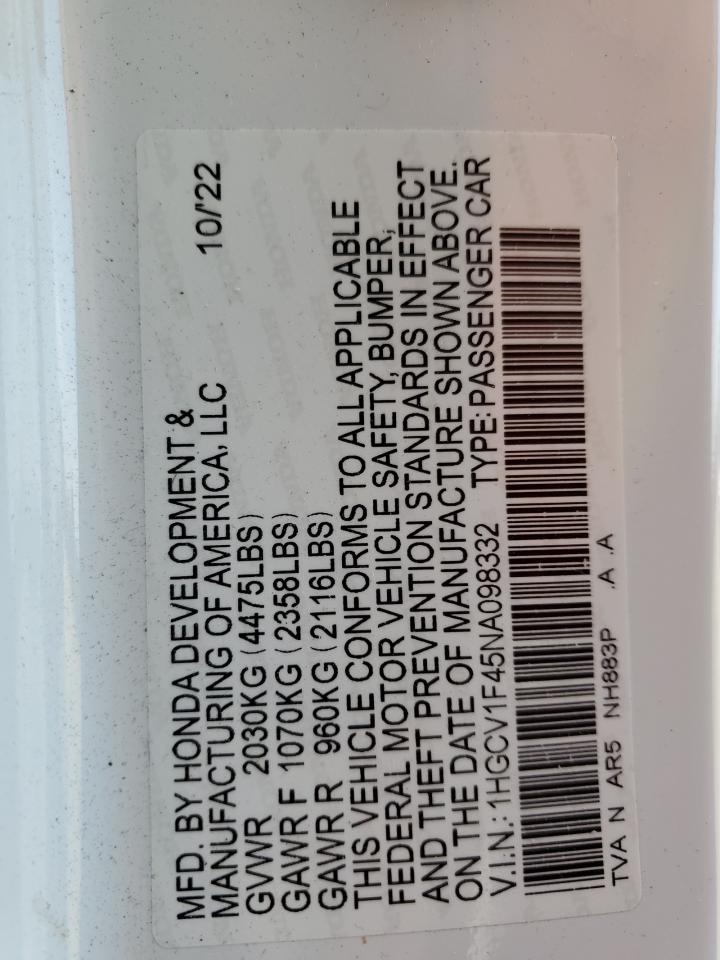 2022 HONDA ACCORD SPORT SE VIN:1HGCV1F45NA098332
