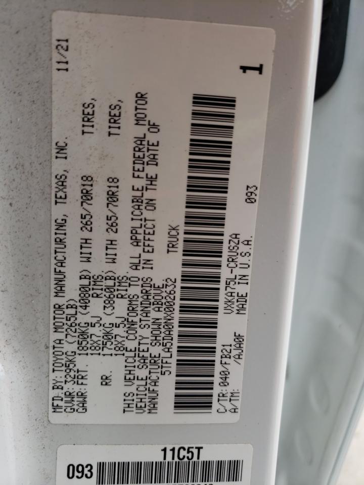 2022 TOYOTA TUNDRA DOUBLE CAB SR VIN:5TFLA5DA0NX002632