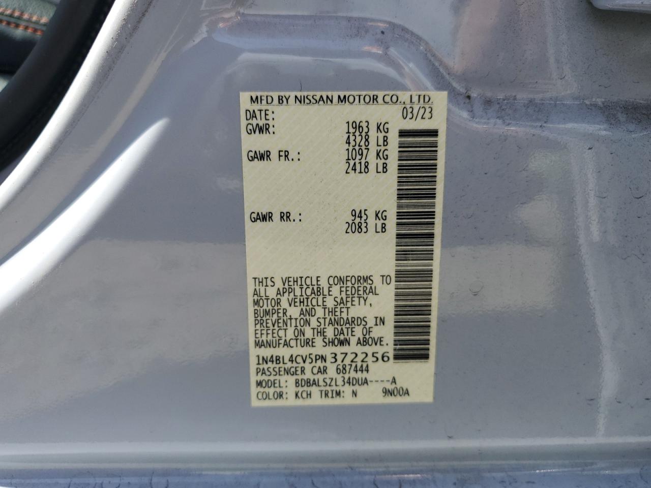 2023 NISSAN ALTIMA SR VIN:1N4BL4CV5PN372256