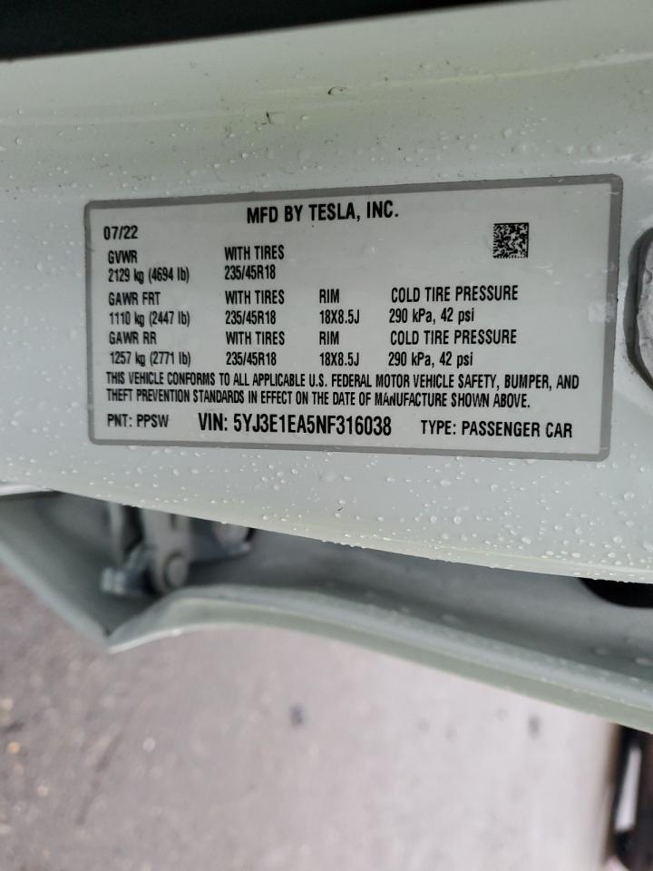 2022 TESLA MODEL 3  VIN:5YJ3E1EA5NF316038