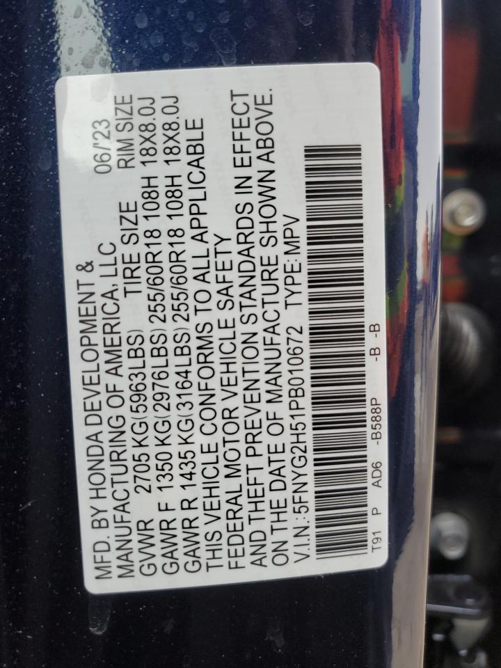 2023 HONDA PILOT EXL VIN:5FNYG2H51PB010672